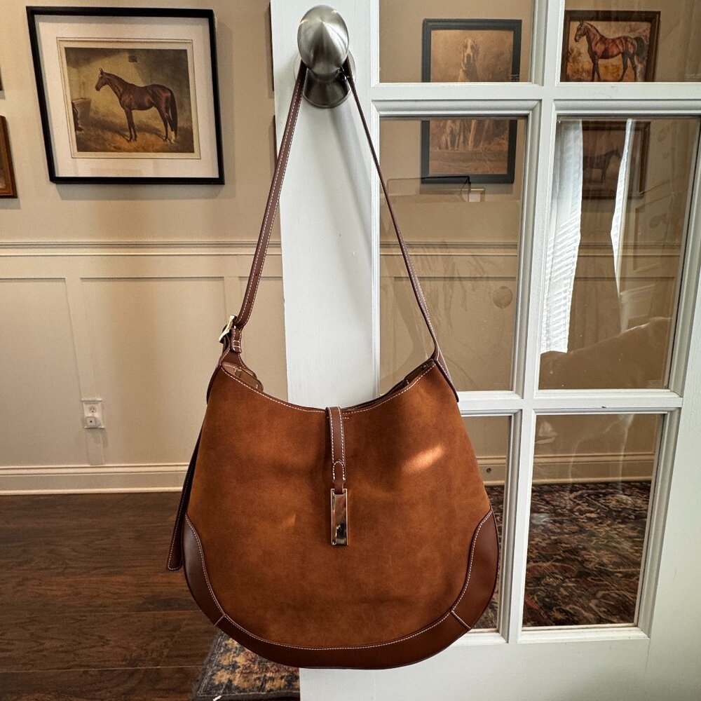 Shoulder bag leather and suede-like large satchel hobo tote brown khaki camel
